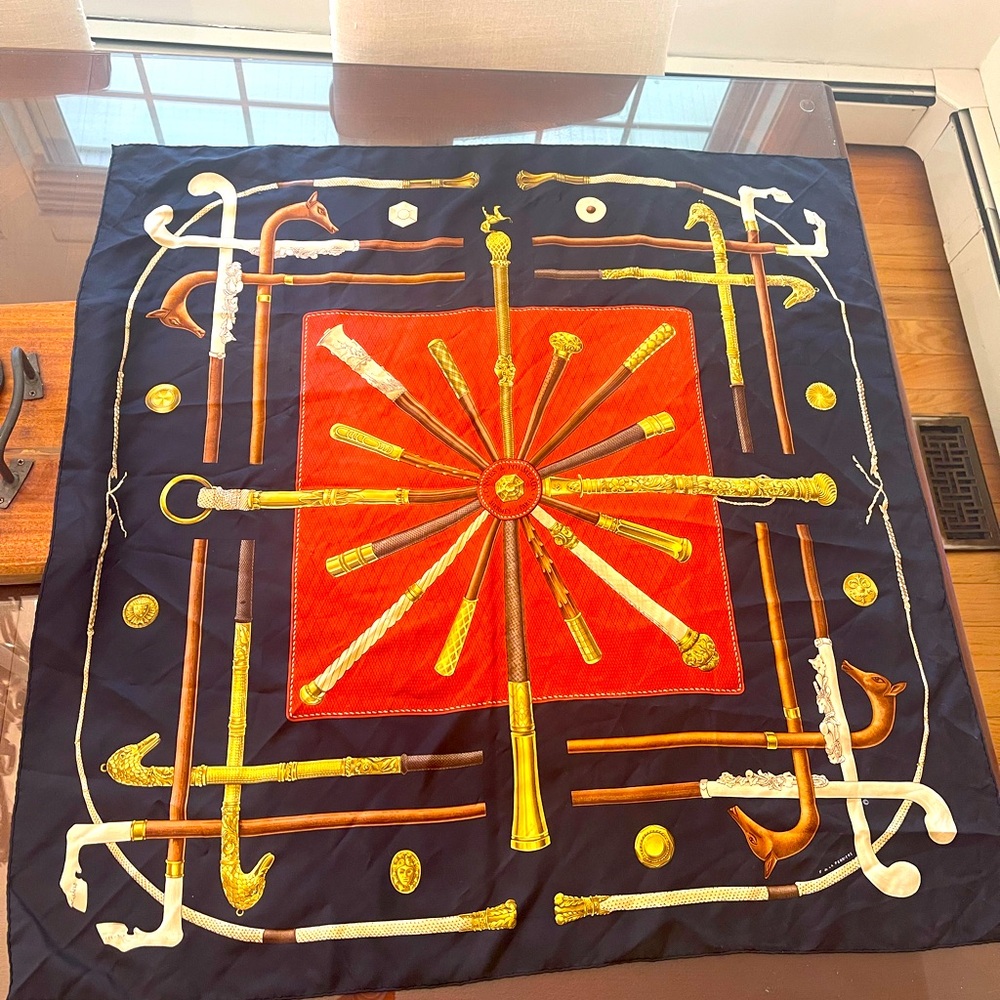 Hermes Scarf "Cannes et Pommeaux" by Françoise De La Perriere Vintage 90cm Silk
